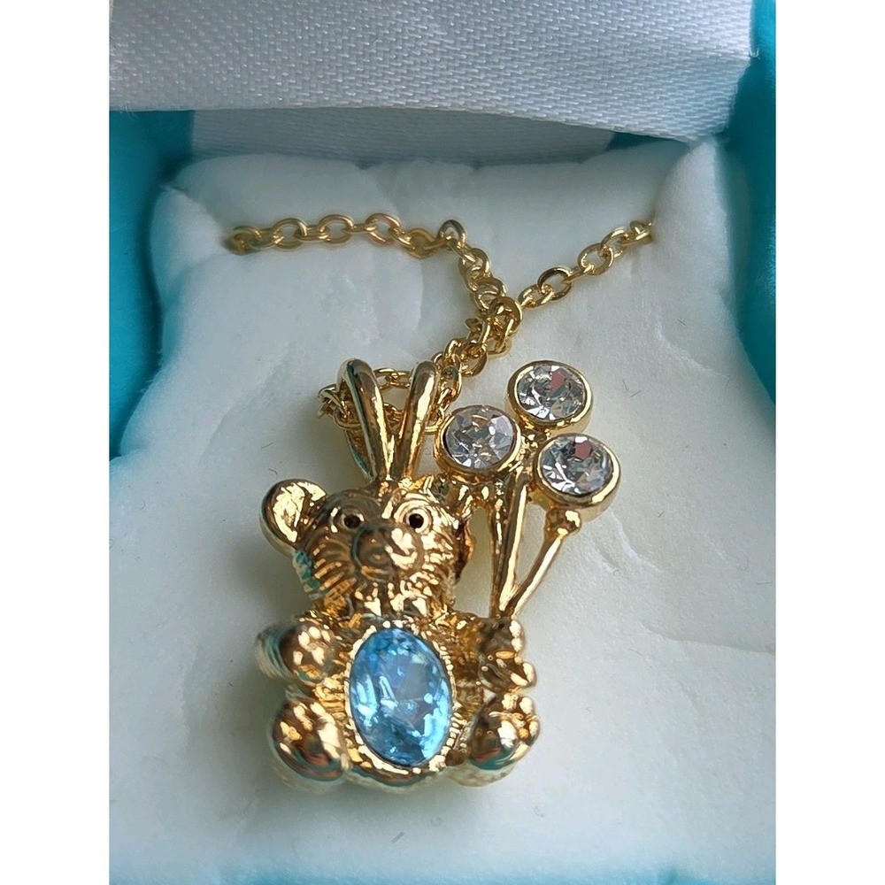 Birthstone Teddy Kids March Aquamarine Necklace Gold Tone Bear Pendant Blue